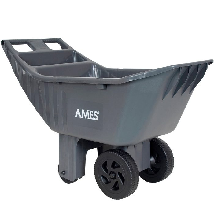 A gray wheelbarrow, supported by two black wheels, stands upright, designed for transporting materials in a garden or construction site.