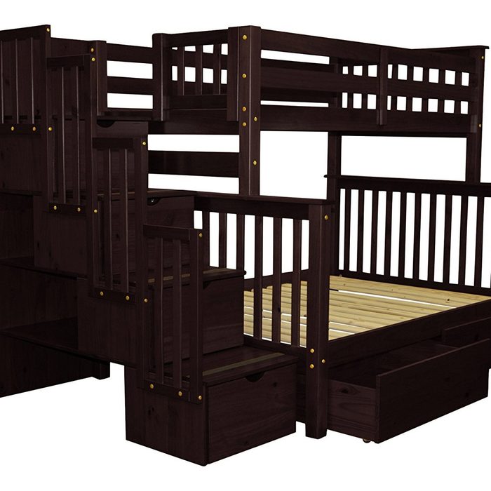 A dark wooden loft bed features stairs and integrated storage drawers, providing an elevated sleeping area within a spacious, child-friendly design.