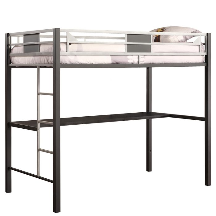 A metal loft bed supports a mattress above, with a ladder on one side and a shelf underneath, designed for space-saving in a room.