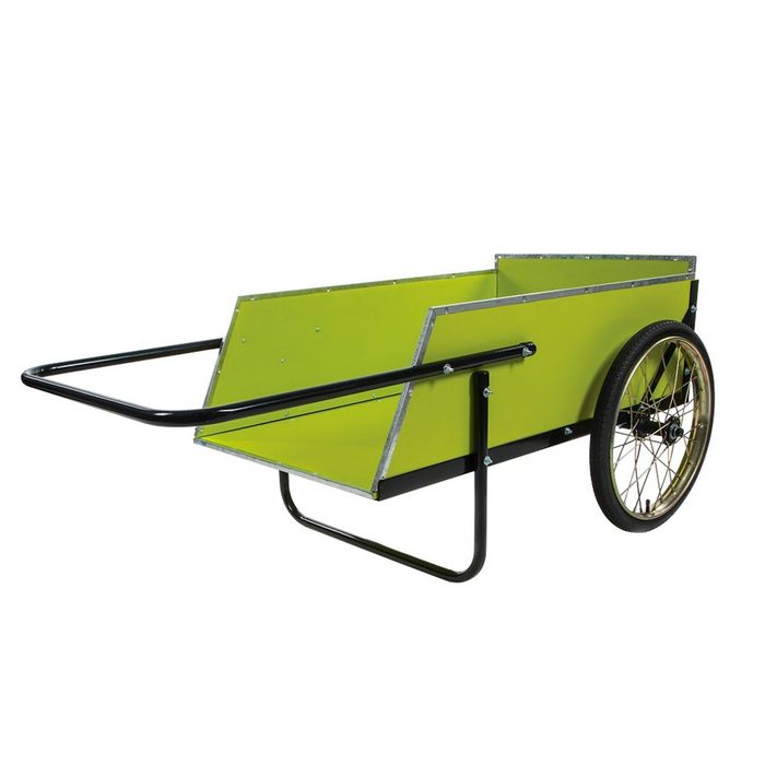 A green cart with a black metal frame and a single wheel sits still; its open design suggests it