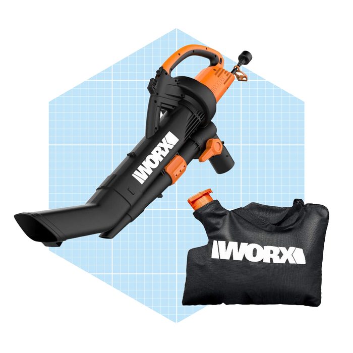 A black and orange leaf blower rests against a light blue, hexagonal background, accompanied by a black collection bag with the same brand logo.