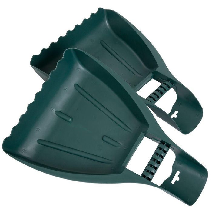 Two green plastic dustpans lie side by side, designed for collecting debris, typically used in cleaning contexts such as homes or offices.