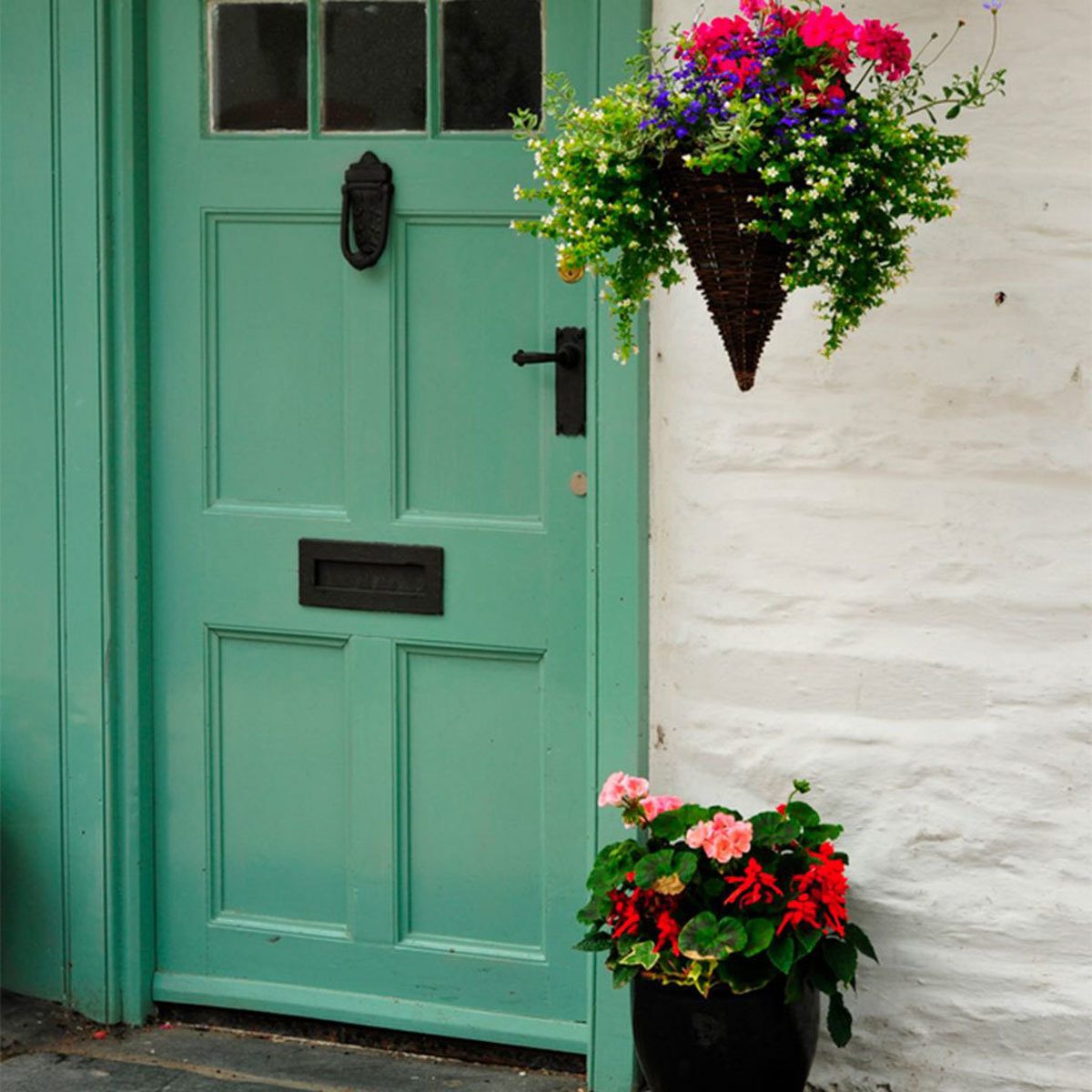 A turquoise door stands against a white wall, with a hanging basket of colorful flowers above and a potted plant in vibrant hues nearby.