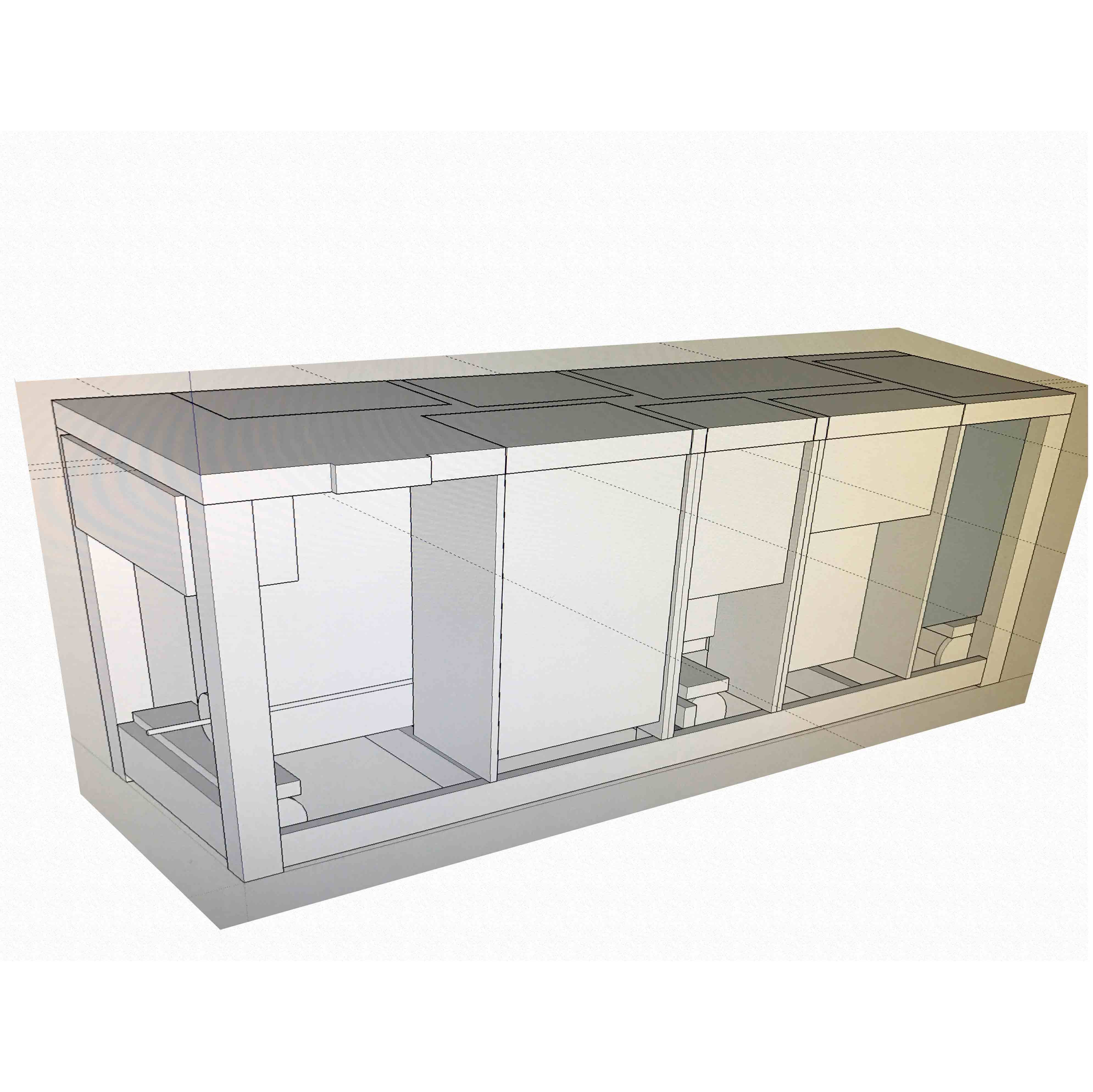 A 3D model of a rectangular structure featuring multiple enclosed sections, showcasing a simplistic, architectural design in a light color scheme.