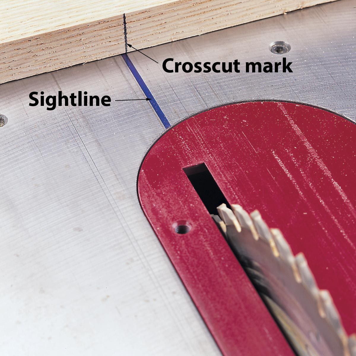 A table saw displays a crosscut mark on wood, aligned with a sightline on the metallic surface, emphasizing precision in cutting.