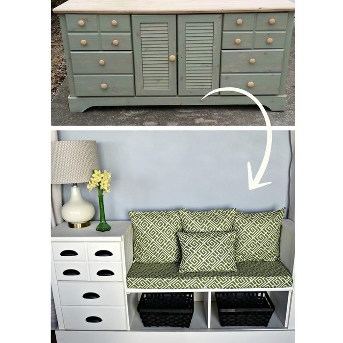A furniture piece transforms from a greenish cabinet with drawers to a white bench with patterned cushions, accompanied by a lamp and decorative items.
