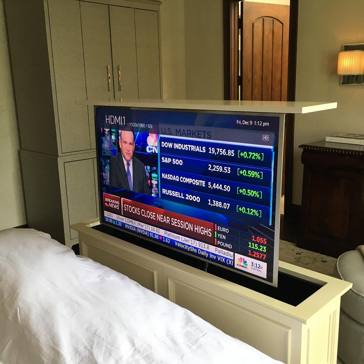 A television displays stock market updates while positioned on a bedside table in a well-lit room with wooden furnishings.