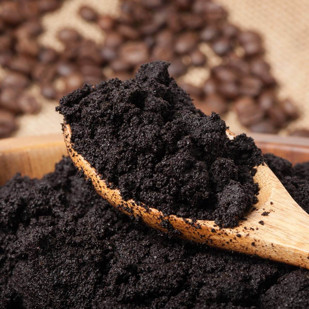 A wooden spoon holds dark, finely ground coffee, resting atop a mound of coffee grounds, with coffee beans scattered in the background.