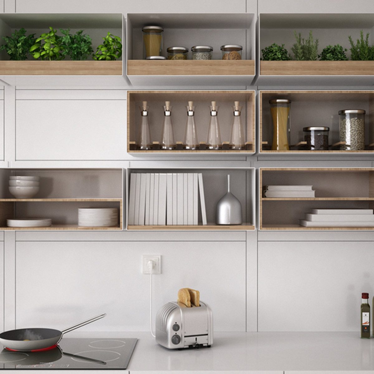 shutterstock_530497795 kitchen open shelving organization