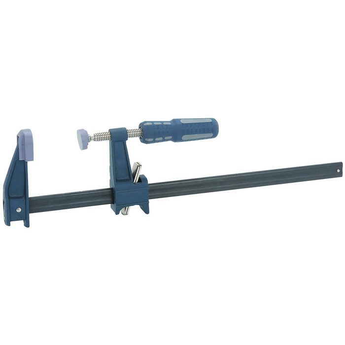 A clamp is securing a workpiece by tightening a screw mechanism, featuring a long metal bar and a comfortable grip handle for control.