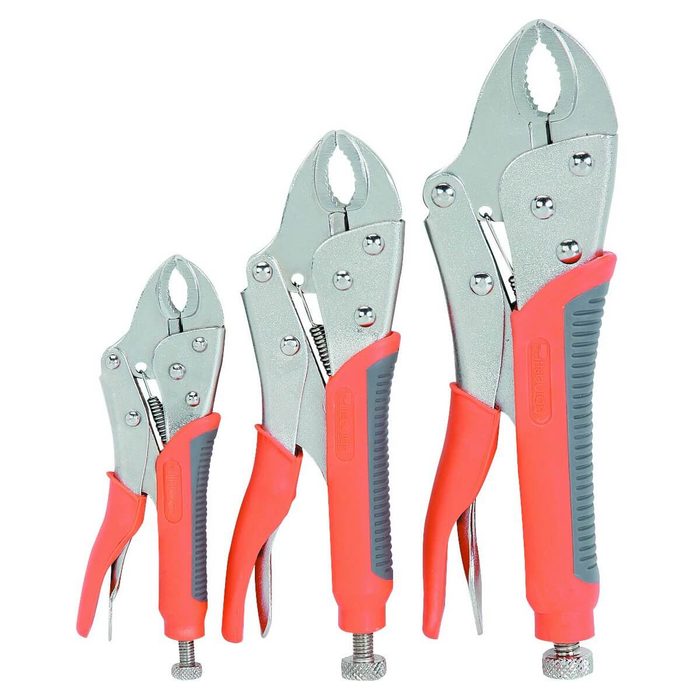 Three adjustable locking pliers with metallic jaws and red rubber grips rest side by side, showcasing different sizes for various tasks in a tool context.