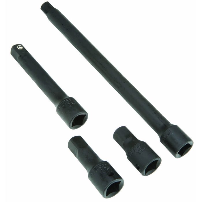 Four black socket extensions of varying lengths are arranged horizontally, typically used for accessing fasteners in tight spaces during mechanical work.
