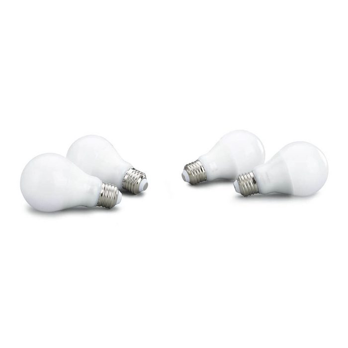 Four white light bulbs are positioned on a light background, displaying their rounded tops and metallic bases, indicating they are ready for installation.