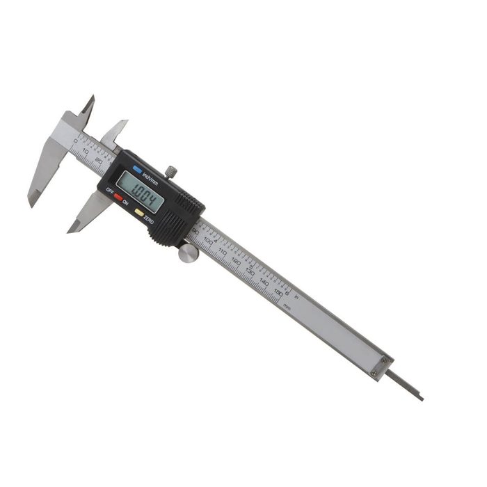 A digital caliper measures dimensions. The display shows a reading of 100.4. It is positioned against a light background, emphasizing its metallic structure.