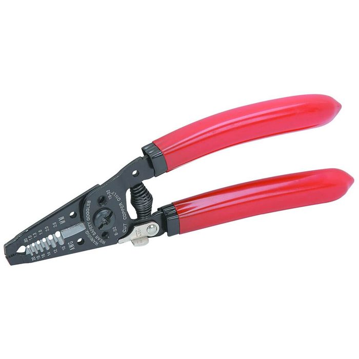 A pair of wire strippers has red handles, designed to cut and strip insulation from electrical wires, typically used in electrical work.