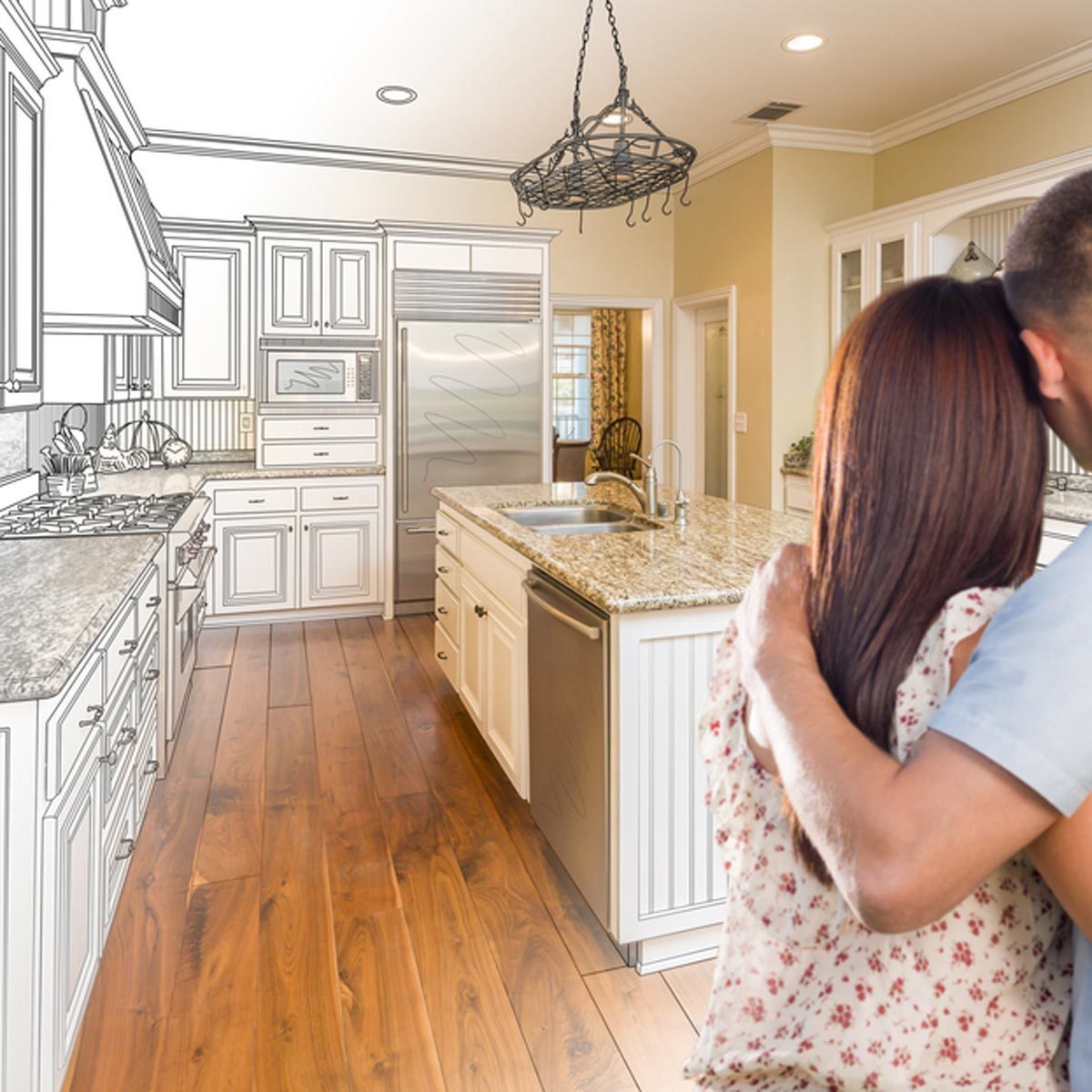 A couple embraces in a kitchen featuring granite countertops, white cabinetry, and wooden flooring, with a sketch-like outline highlighting the room's design.