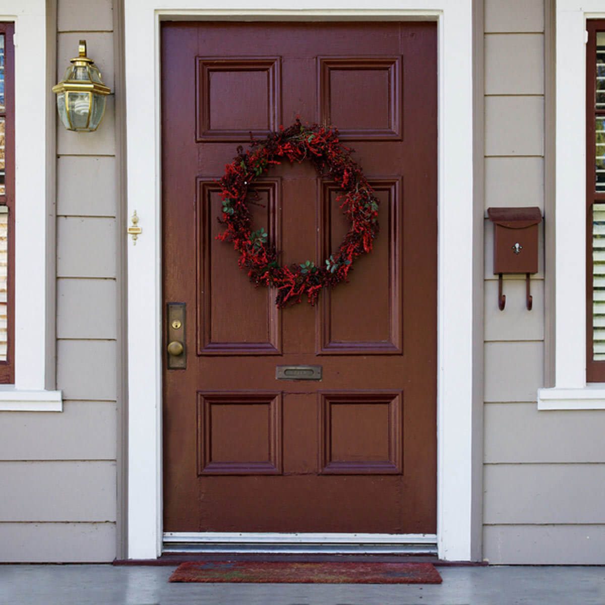Burgundy Front Door with Wreath