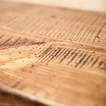 A wooden surface features small dark marks and lines, suggesting wear or damage, illuminated in a warm, neutral-toned environment.