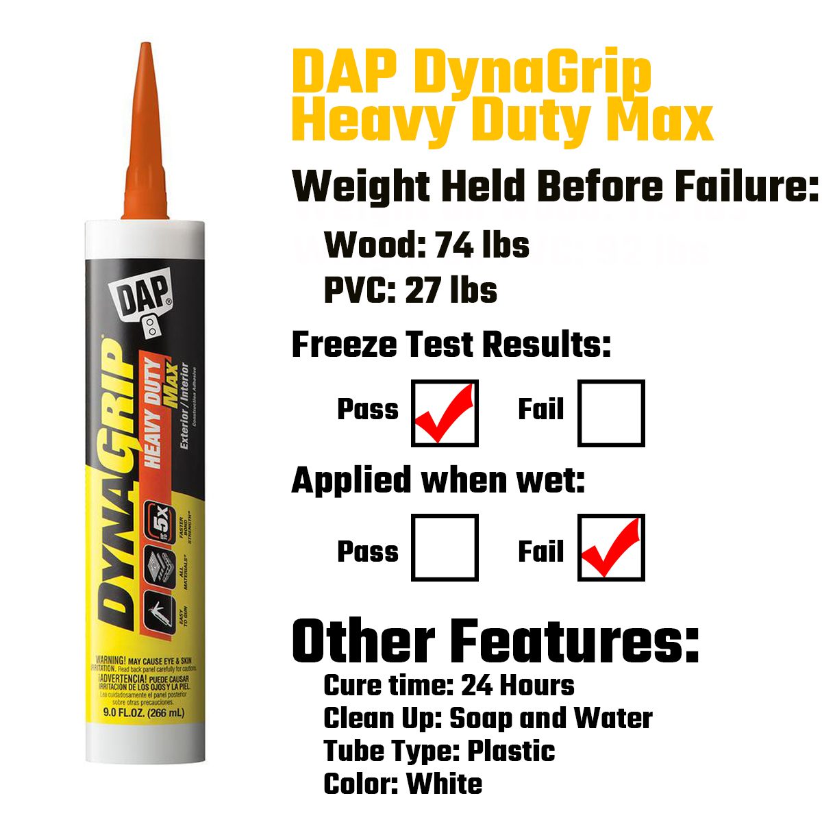 A tube of DAP DynaGrip Heavy Duty Max adhesive displays performance ratings and features, including weight limits and cleanup instructions, against a white background.