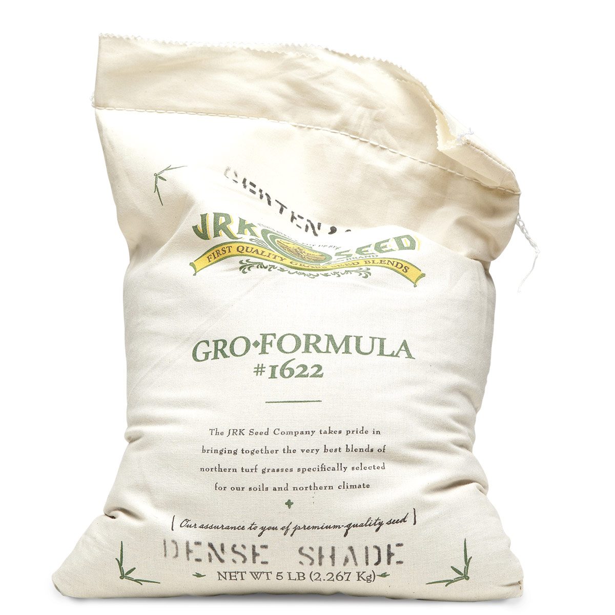 A burlap bag labeled "JRK Seed" contains a grass seed mix, showcasing the product's name and specifications for northern climates and dense shade.