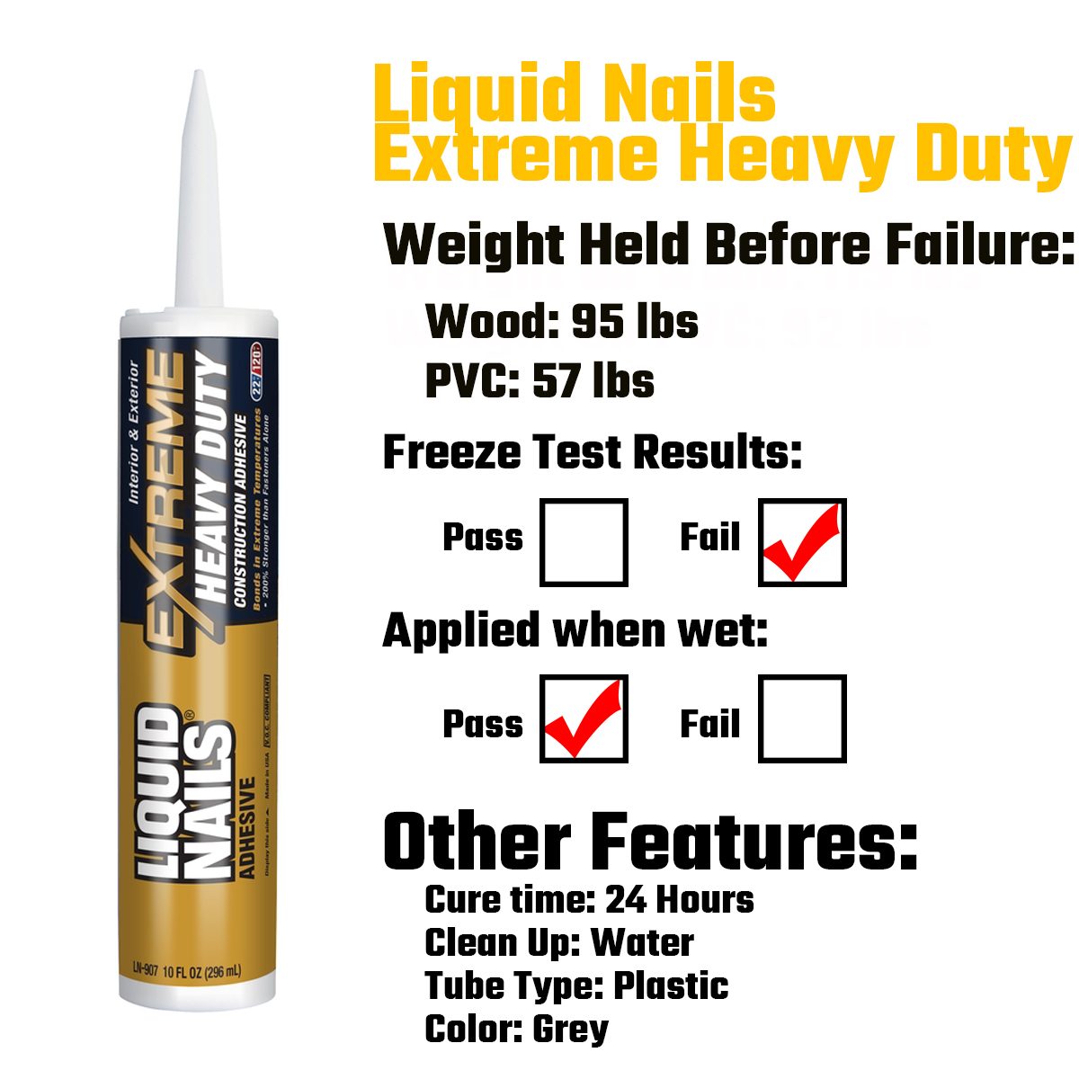 A tube of Liquid Nails Extreme Heavy Duty adhesive displays product details, including weight capacity, test results, and other features, on a white background.
