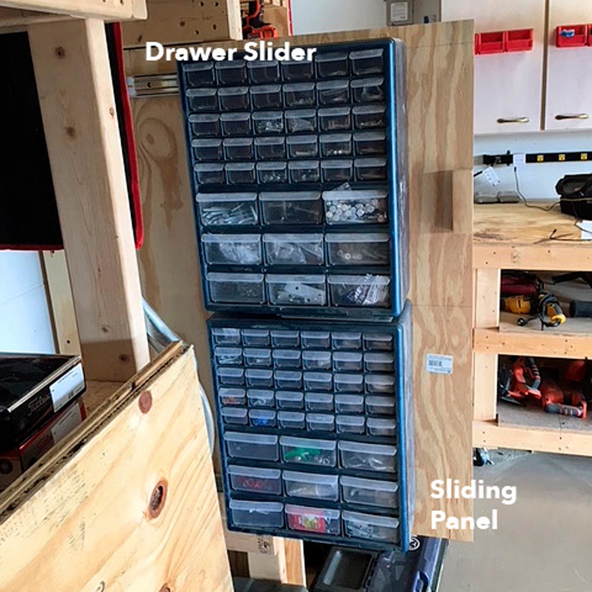 slide-out parts bins sliding panel garage storage