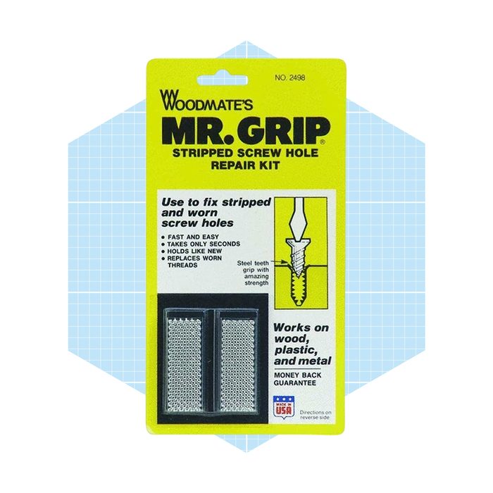 A repair kit package is displayed, promoting a product for fixing stripped screw holes quickly and easily, suitable for wood, plastic, and metal surfaces.