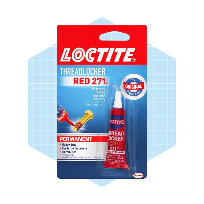 A tube of red Loctite Threadlocker is displayed on a blue background, labeled for automotive and industrial use, emphasizing its permanent and high-strength properties.