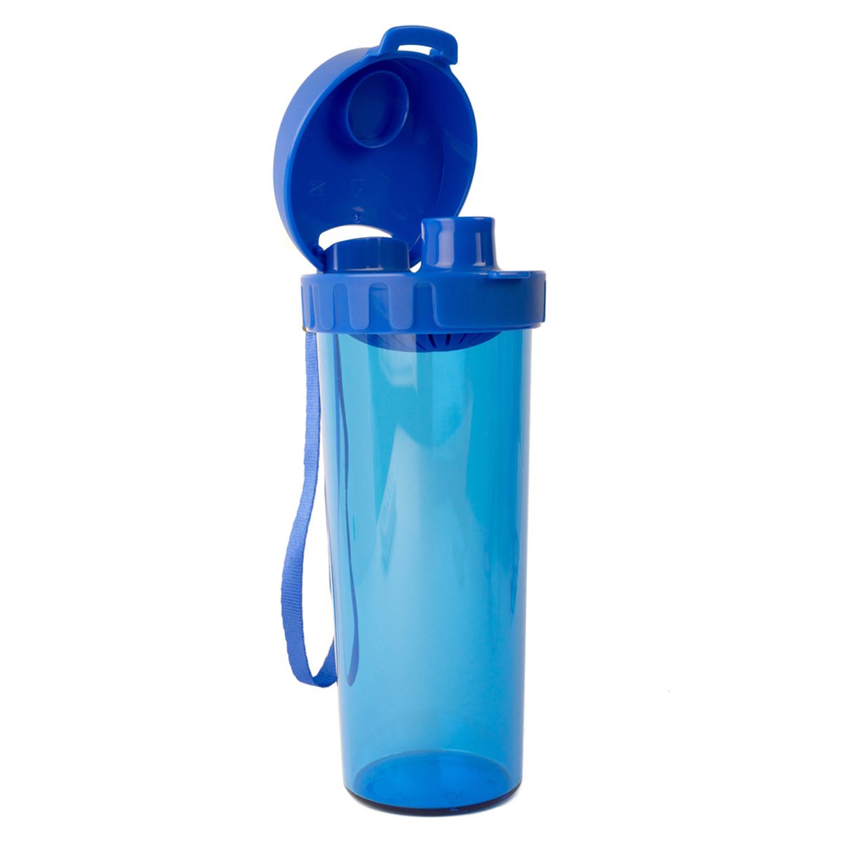 A transparent blue water bottle is standing upright with its cap open, featuring a straw and a carrying loop attached.