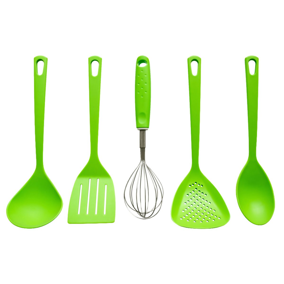 Five green kitchen utensils, including a ladle, spatula, whisk, slotted spoon, and solid spoon, are neatly arranged in a row against a plain background.