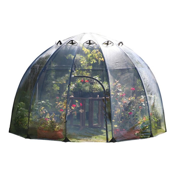 A transparent, dome-shaped greenhouse contains various flowers and plants inside, with a door opening to the outer environment, set against a bright background.