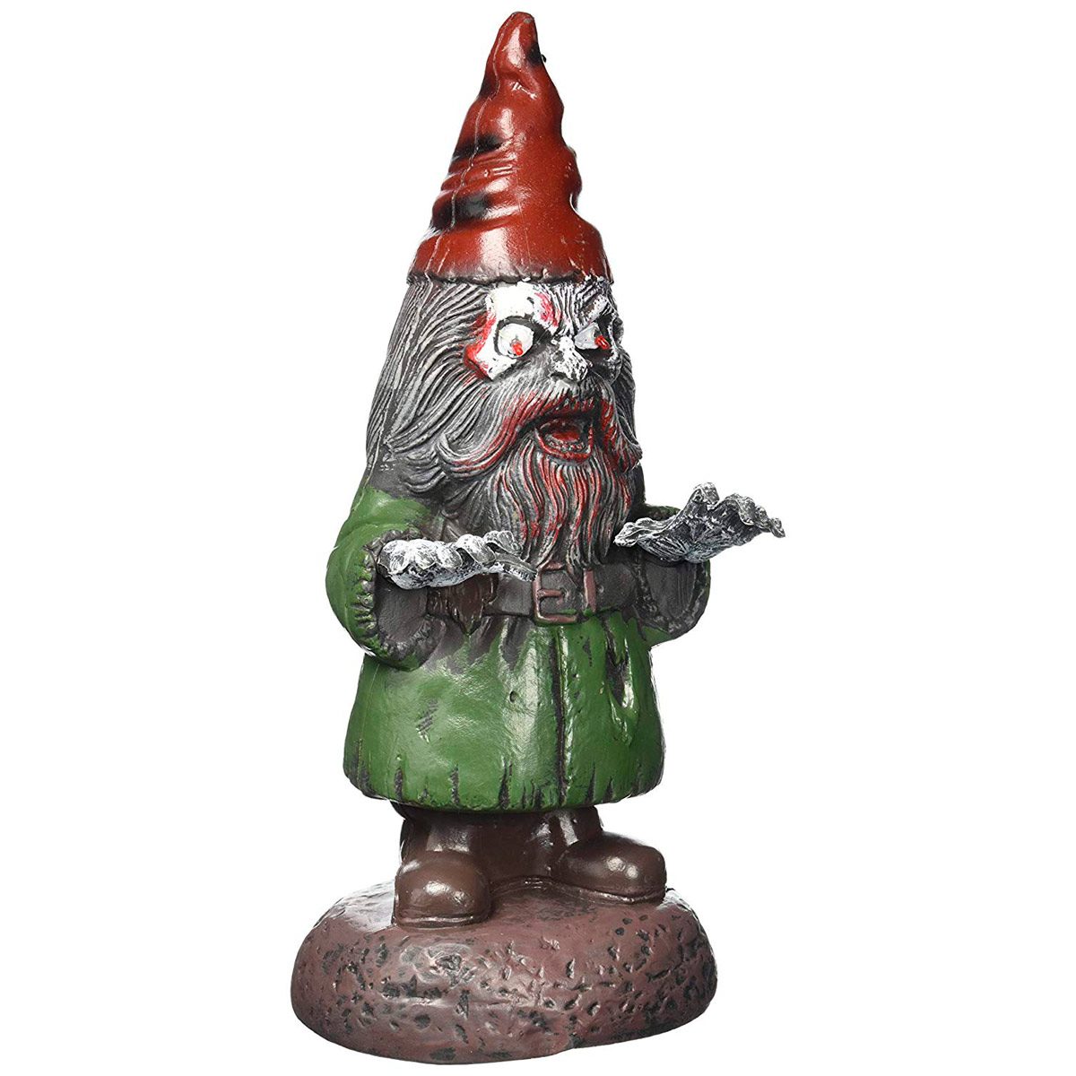 A whimsical garden gnome stands with outstretched hands, wearing a red hat and green coat, set on a textured stone base.