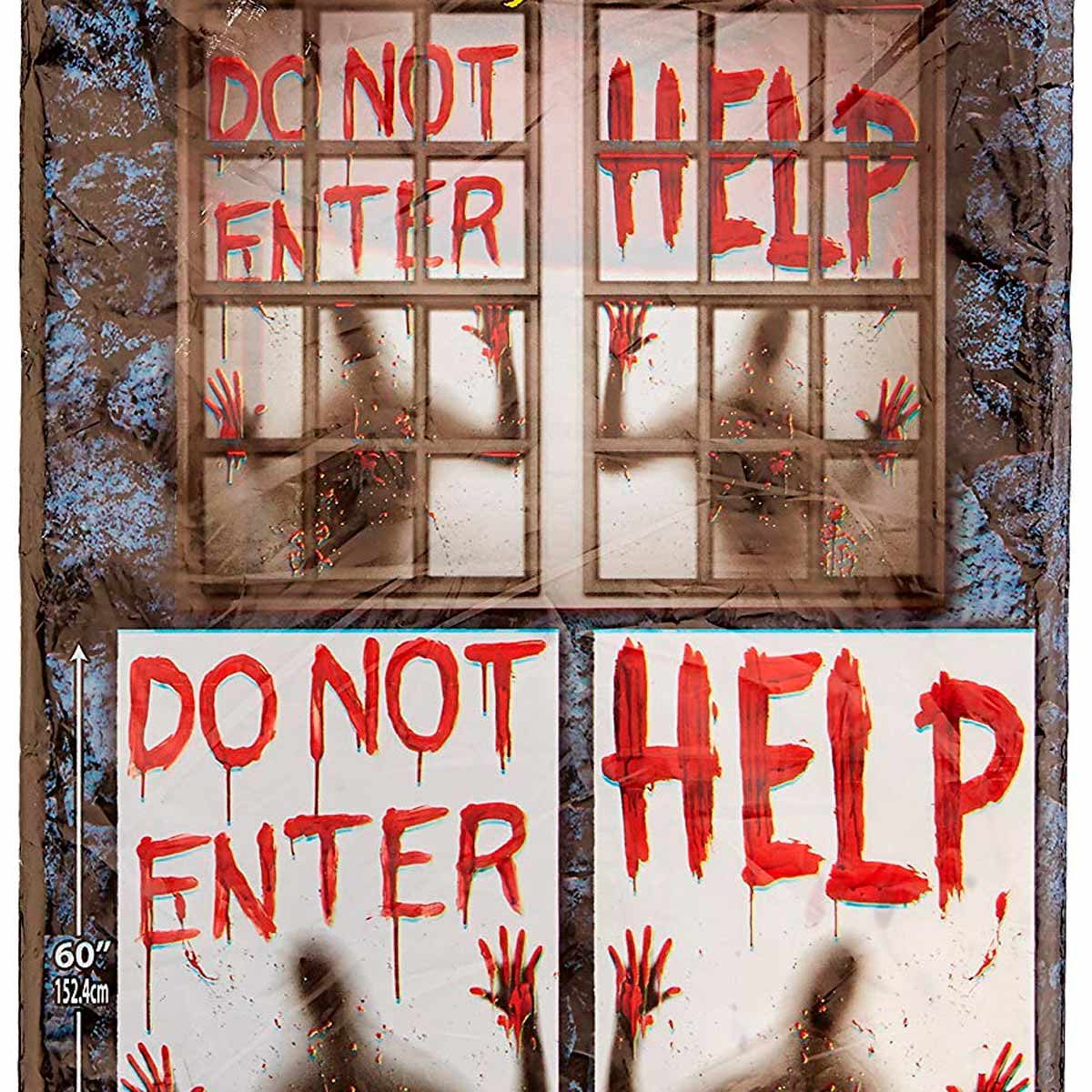 Two windows display messages reading "DO NOT ENTER" and "HELP," with bloody handprints on the glass and shadowy figures suggesting a sense of distress.