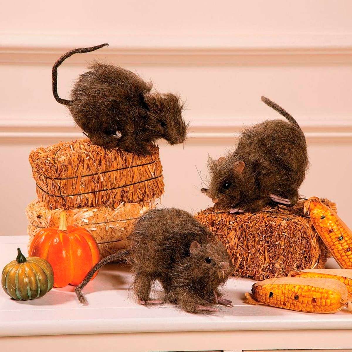 Three stuffed rats are positioned on straw bales, surrounded by decorative pumpkins and ears of corn, creating a festive autumn scene.