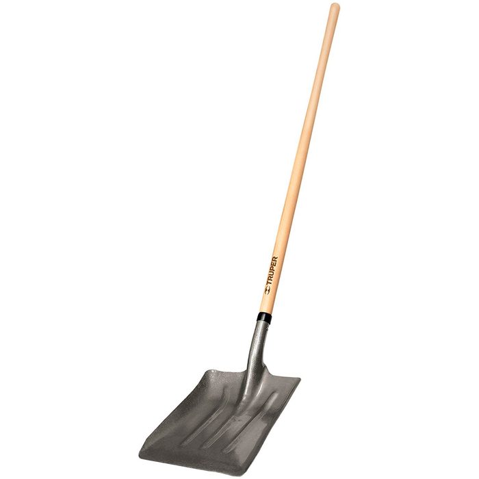 A metal shovel with a wooden handle rests upright, designed for digging or moving materials, typically found in gardening or construction settings.