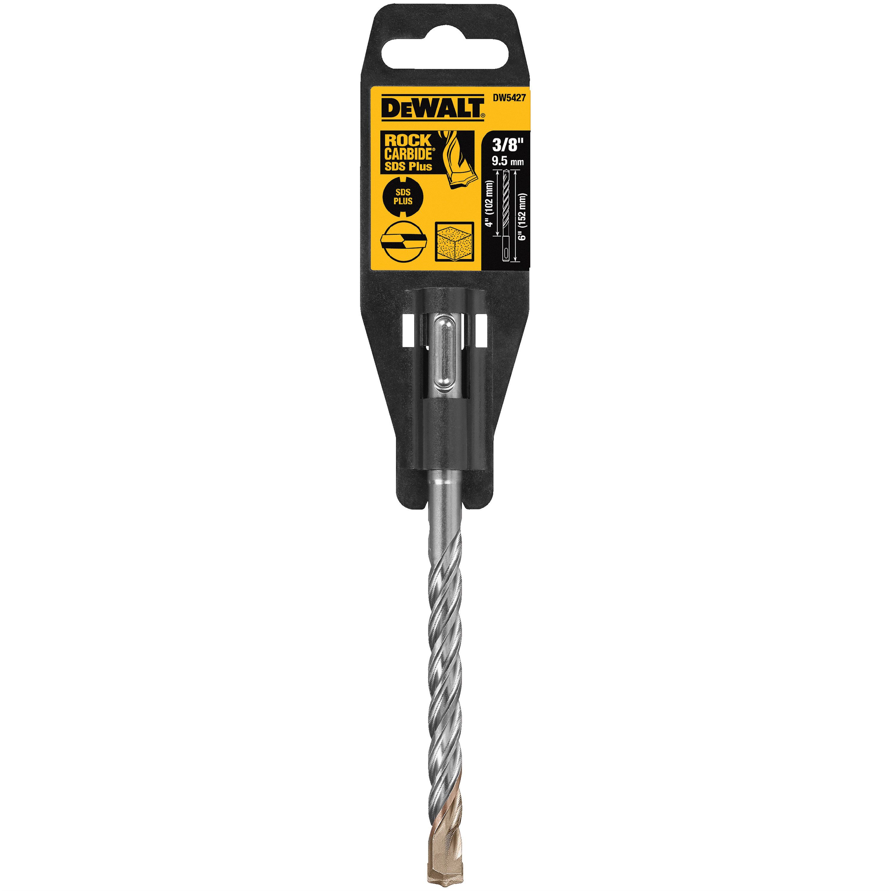 A carbide drill bit is displayed, intended for use with SDS Plus equipment, designed for drilling into rock and masonry in construction projects.