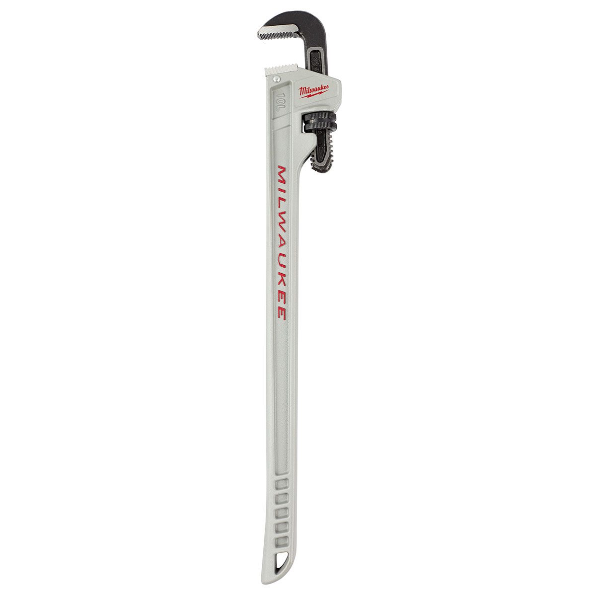 A large adjustable pipe wrench is displayed vertically. It features a metallic grip and a brand logo. The background is plain and white.