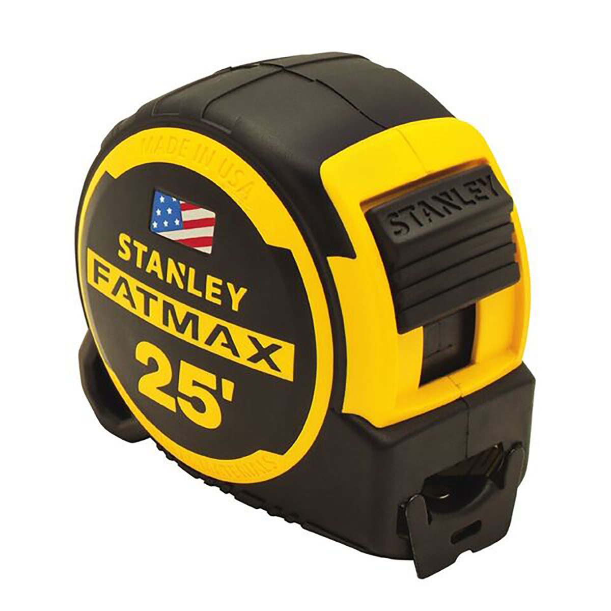 A retractable measuring tape marked "Stanley FATMAX 25'" sits on a flat surface, designed for accurate length measurements in construction or DIY projects.