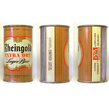 A cylindrical beer can displays the label "Rheingold Extra Dry Lager Beer" with decorative elements, showcasing a vintage design typical of mid-20th-century branding.