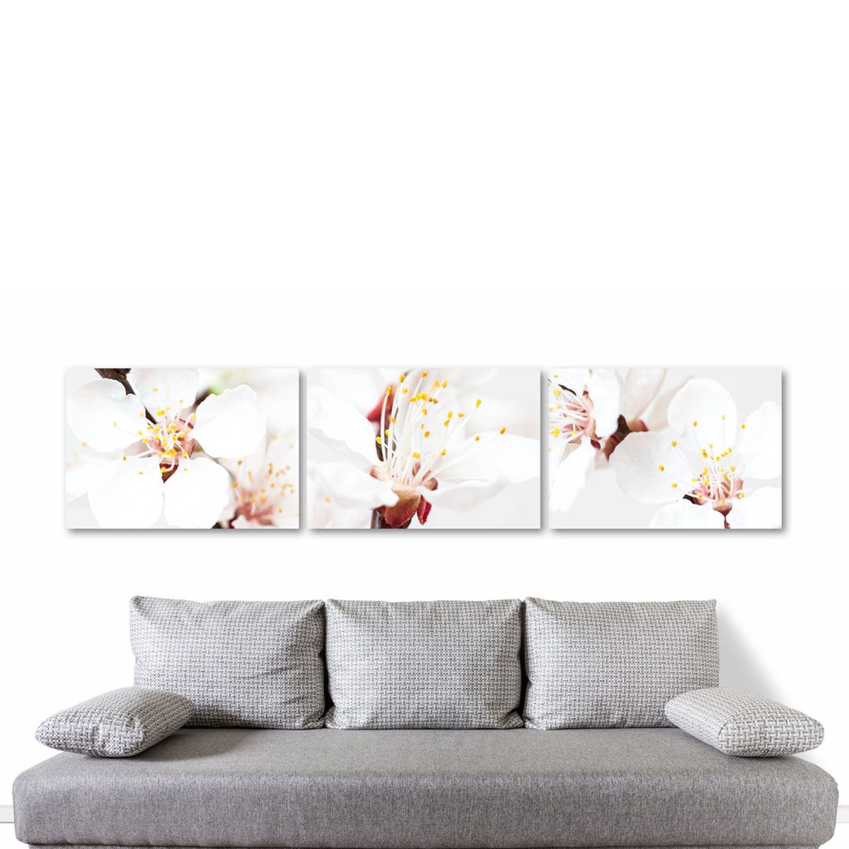Three close-up floral images hang above a gray sofa with patterned cushions, creating a serene and elegant living space.