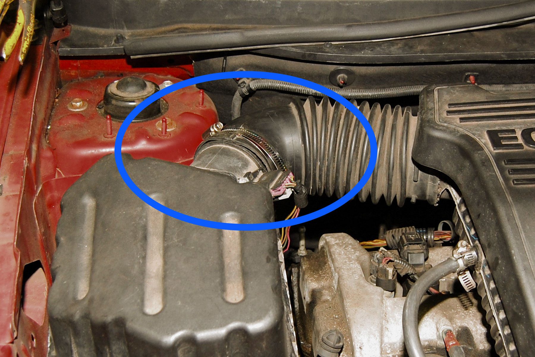 Closeup of Mass Air Flow Sensor in a car