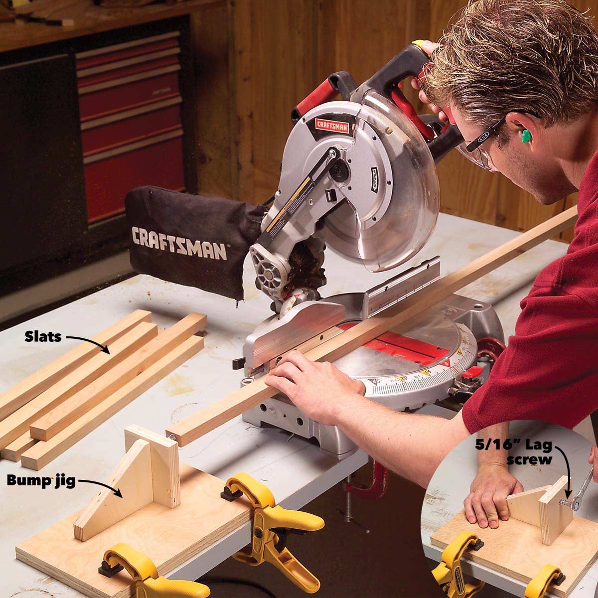 A person uses a miter saw to cut wooden slats while positioned at a workbench, where a bump jig holds the slats in place.