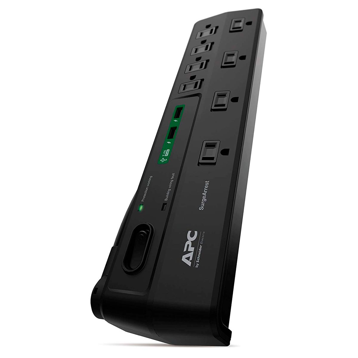A black surge protector features multiple outlets and indicators. It is positioned at an angle, showcasing its function in protecting electronic devices from power surges.