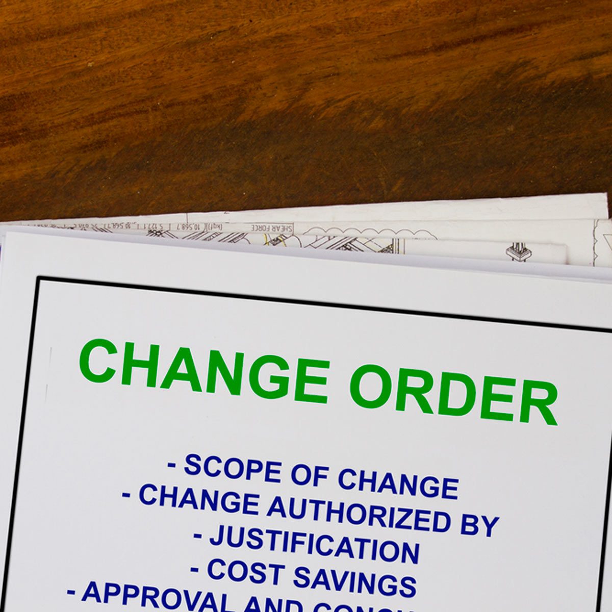 A document titled "CHANGE ORDER" outlines various sections, including scope, authorization, justification, cost savings, and approval, placed on a wooden surface.