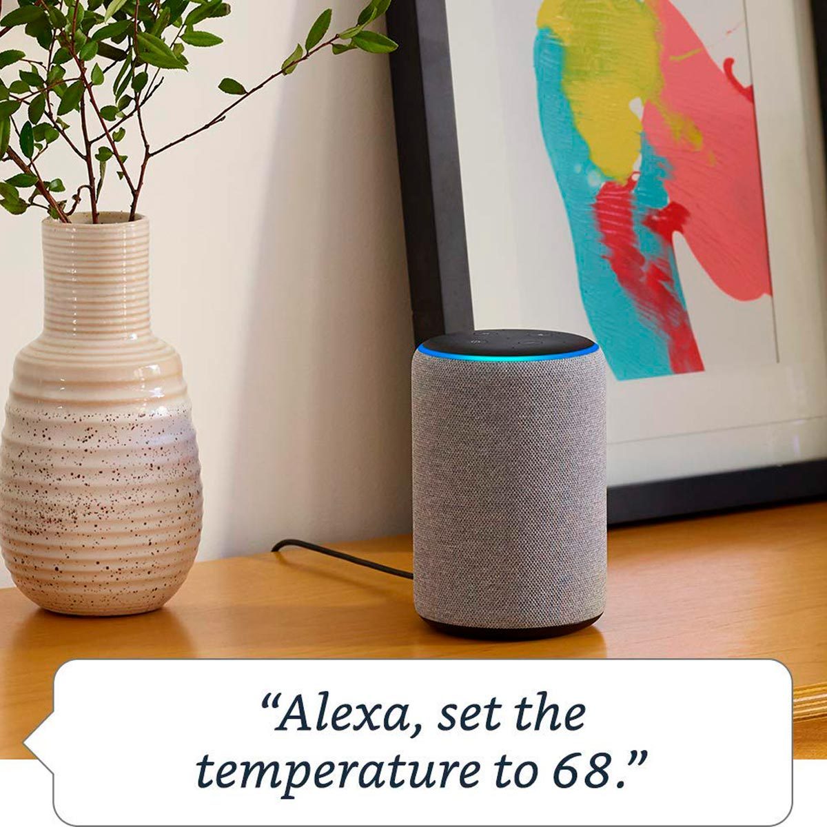 A smart speaker emits a blue light while responding to a voice command in a modern room, accompanied by a decorative vase and colorful artwork.