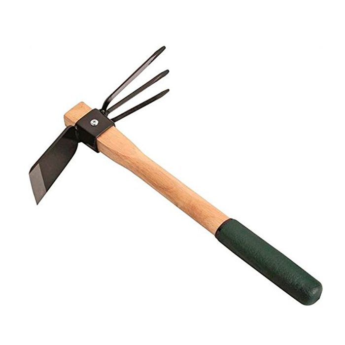 A hand tool featuring a wooden handle with a green grip, three metal prongs, and a flat blade, used for gardening tasks like weeding or loosening soil.