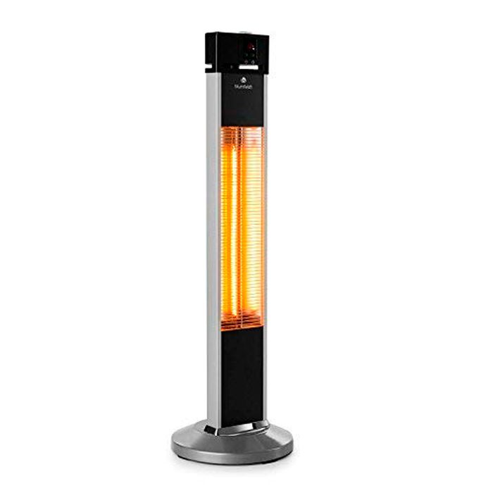 A tall, vertical heater emits warm orange light, providing warmth in a potentially chill environment, supported by a sturdy round base.