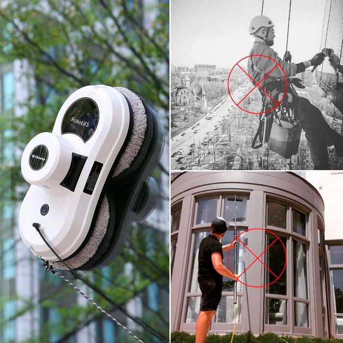 A robotic window cleaning device hangs, demonstrating its use while contrasting traditional methods shown by a worker and a person using a spray in a circular area.