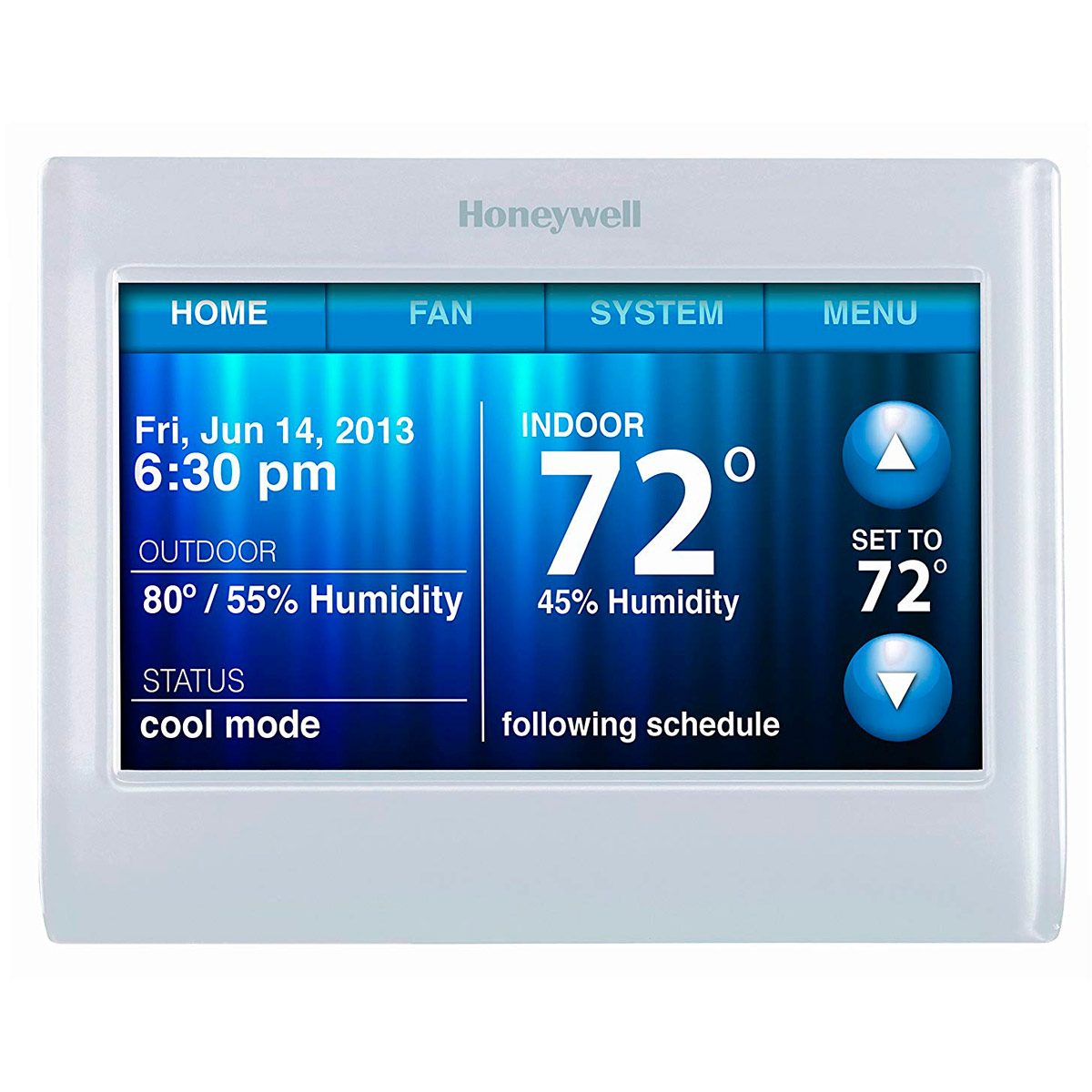 A digital thermostat displays indoor and outdoor temperatures, humidity levels, and the status, while indicating settings for cooling mode and following a schedule.