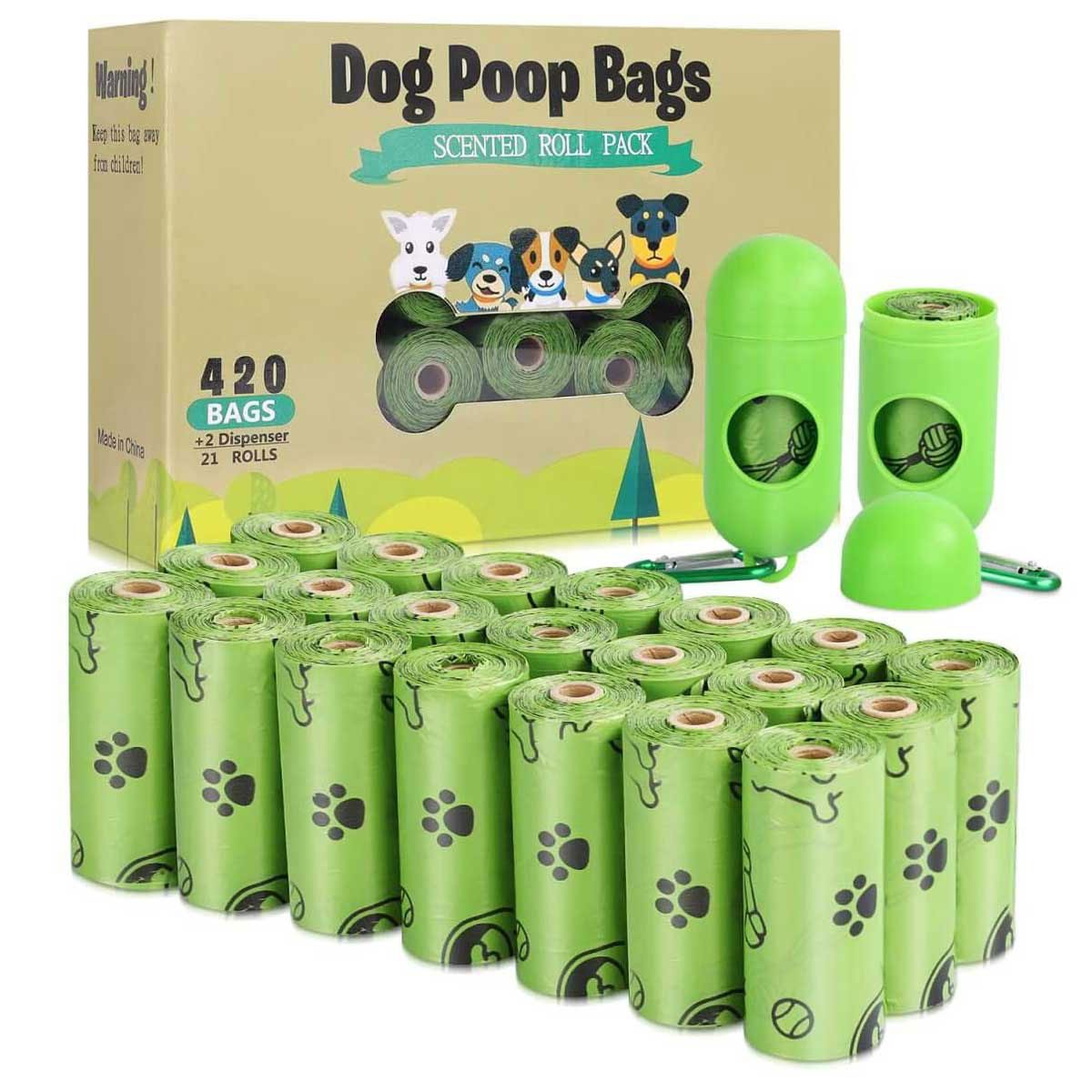 Rolled green dog poop bags are arranged in front of a box labeled "Dog Poop Bags," featuring two dispensers. The environment is product display-oriented.